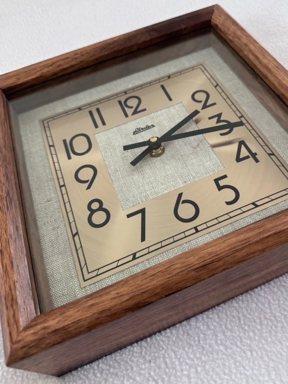 Vintage Linden square wall clock, wooden frame, Art Deco style 10”